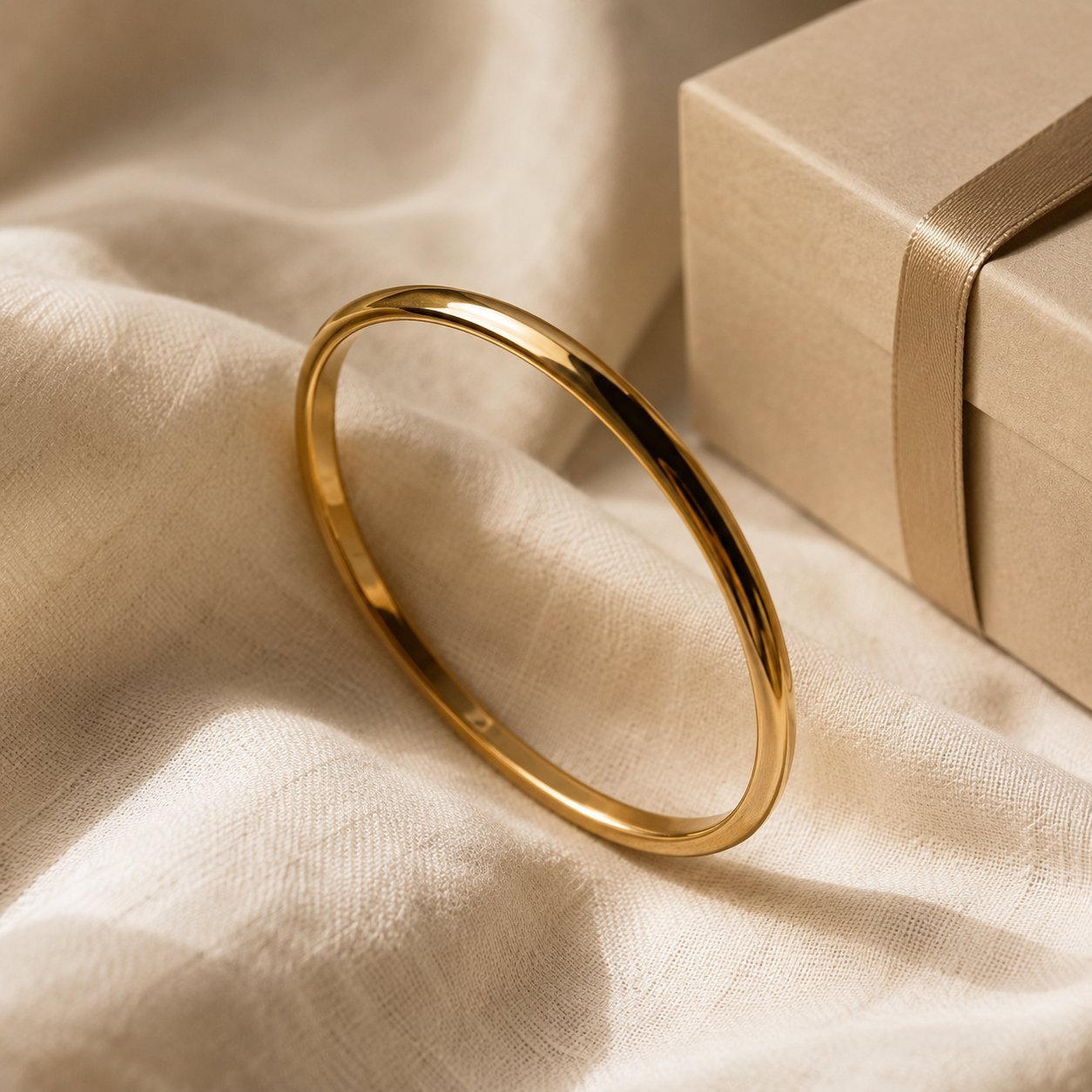 A polished gold-plated bangle on ivory linen beside a ribboned gift box